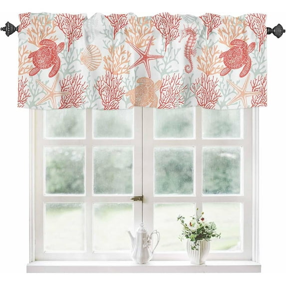 Kitchen Curtain Valance for Windows Nautical Theme Sea Turtle Coral 1 Panel, 54 x 18 Inch Rod Pocket Valance Window Treatments Short Curtains for Bathroom Bedroom
