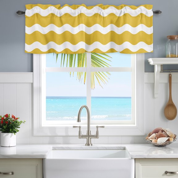 Kitchen Curtain Valance Yellow White Wave Striped Light Filtering Rod Pocket Window Valances,Modern Chevron Stripe Small Windows Treatment Panel for Living Room Bedroom Bathroom,54"x18"