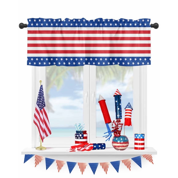 Kitchen Curtain Valances for Windows,4th of July Freedom White Red Stripe Rod Pocket Small Valance UAS Flag Patriotic Star on Blue Short Window Treatment for Bedroom Bathroom Living Room,42"x12"