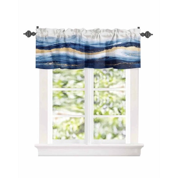 Kitchen Curtain Valances for Windows,Abstract Ocean Rough Sea Rod Pocket Small Valance Marine Big Wave Navy Blue Gold Short Window Treatment for Bedroom Bathroom Living Room,54"x18"