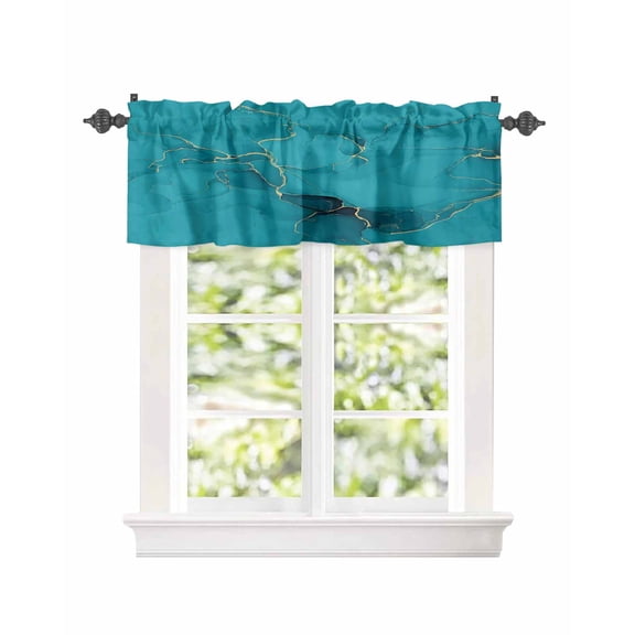 Kitchen Curtain Valances for Windows,Abstract Teal Marble Liquid Texture Rod Pocket Small Valance Modern Stone Art Gold Line Short Window Treatment for Bedroom Bathroom Living Room,42"x12"