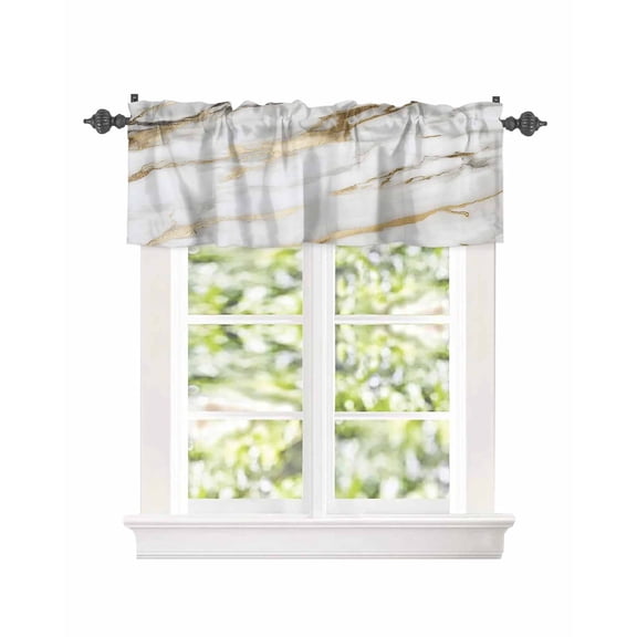 Kitchen Curtain Valances for Windows,Abstract White Gold Marble Stone Rod Pocket Small Valance Modern Inpressionist Art Short Window Treatment for Bedroom Bathroom Living Room,54"x18"