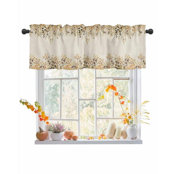 Kitchen Curtain Valances for Windows,Autumn Garden Flower Leaves Rod Pocket Small Valance Retro Pastoral Plant on Linen Short Window Treatment for Bedroom Bathroom Living Room,42"x12"