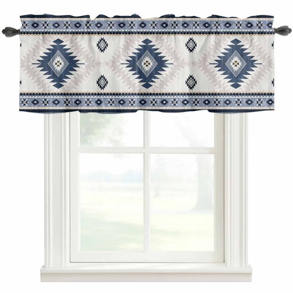 Kitchen Curtain Valances for Windows,Aztec Blue Geometric Abstract Rod Pocket Small Valance Short Window Treatment for Bedroom Bathroom Living Room,42"x12"