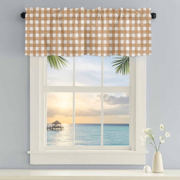 Kitchen Curtain Valances for Windows,Country Brown Tan Lattice Rod Pocket Small Valance Short Window Treatment for Bedroom Bathroom Living Room,42"x12"