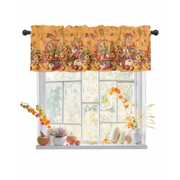 Kitchen Curtain Valances for Windows,Fall Pumpkin Fruit Maple Leaf Rod Pocket Small Valance Thanksgiving Harvest on Orange Short Window Treatment for Bedroom Bathroom Living Room,42"x12"