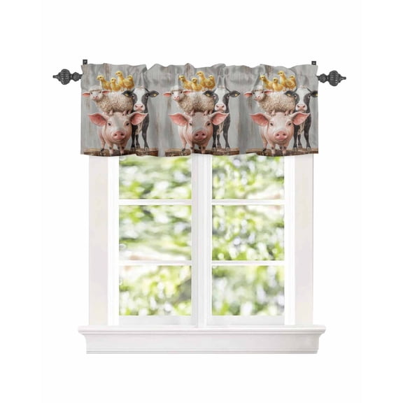 Kitchen Curtain Valances for Windows,Farm Pig Cow Sheep Chick Rod Pocket Small Valance Retro Rustic Animal Short Window Treatment for Bedroom Bathroom Living Room,42"x12"