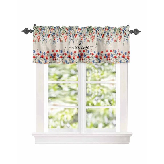 Kitchen Curtain Valances for Windows,Garden Watercolor Red Blue Flower Rod Pocket Small Valance Botanical Leaf Plant on Flax Short Window Treatment for Bedroom Bathroom Living Room,42"x12"