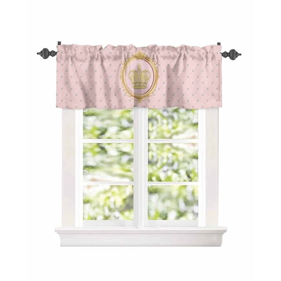Kitchen Curtain Valances for Windows,Golden Crown Gem on Pink Rod Pocket Small Valance Diamond Plaid Short Window Treatment for Bedroom Bathroom Living Room,42"x12"