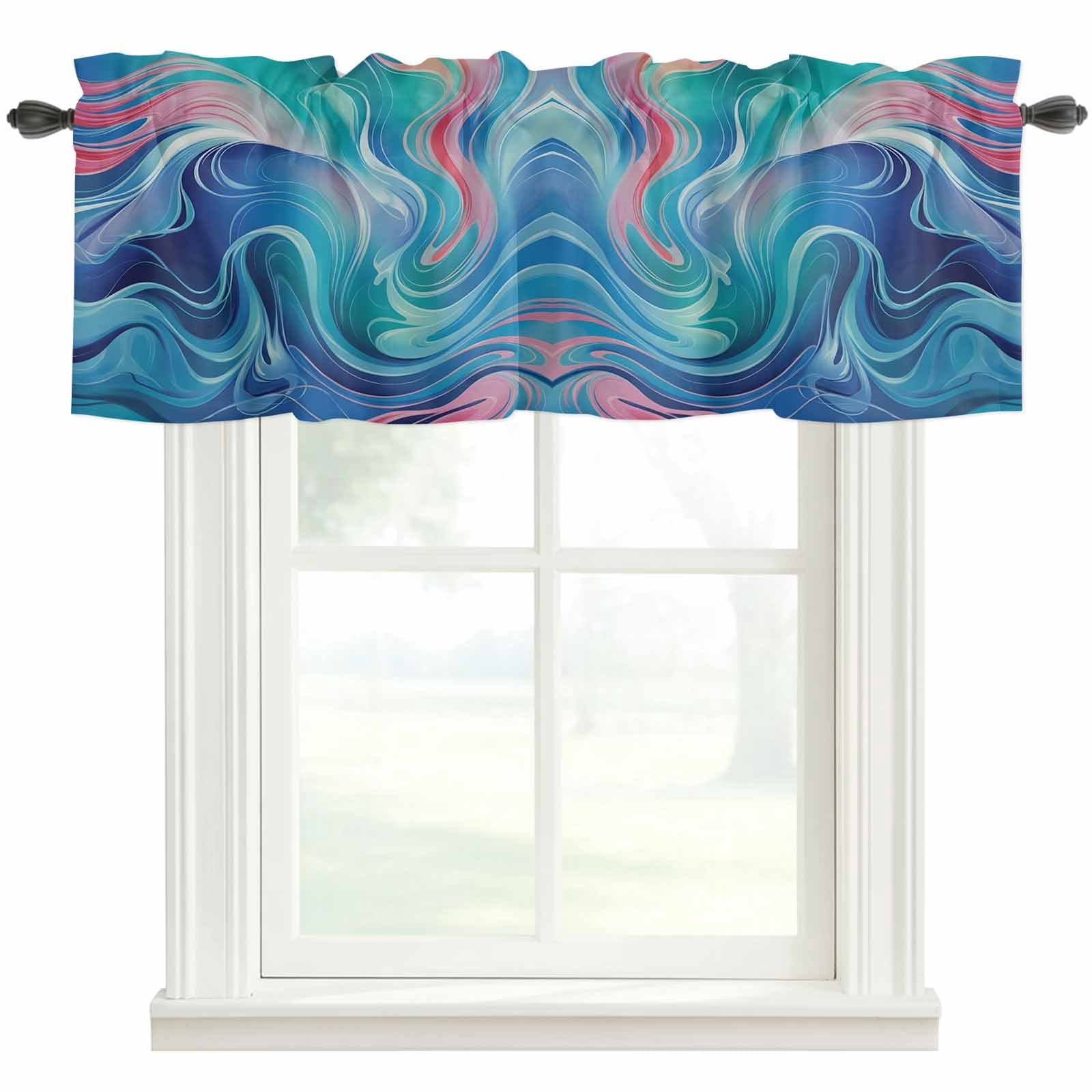 Rod Wave Fall Kitchen Curtain Valances for Windows,Gradient Ocean Blue Pink Waves Rod ...