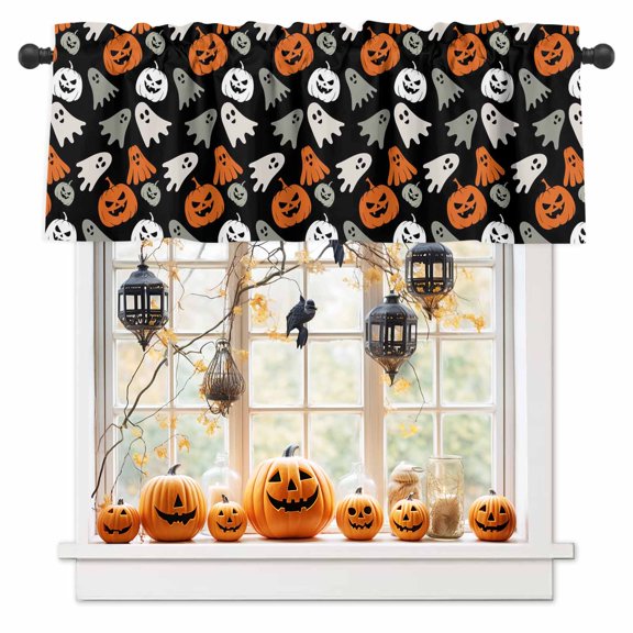 Kitchen Curtain Valances for Windows,Halloween Pumpkin Ghost Face Orange Black Rod Pocket Small Valance Scary Seamless Theme Short Window Treatment for Bedroom Bathroom Living Room,42"x12"
