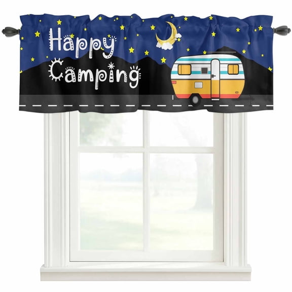 Kitchen Curtain Valances for Windows,Happy Camping RV Night Star Moon Rod Pocket Small Valance Short Window Treatment for Bedroom Bathroom Living Room,54"x18"