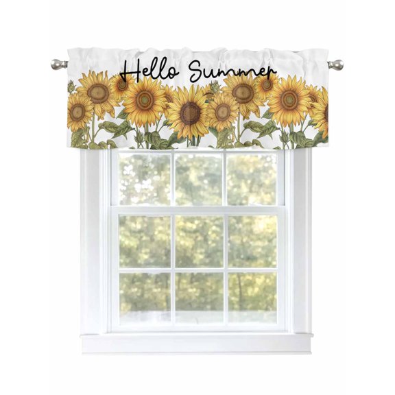 Kitchen Curtain Valances for Windows,Hello Summer Blossom Sunflower Rod Pocket Small Valance Watercolor Floral Leaves on White Window Treatment for Bedroom Bathroom Living Room,54"x18"