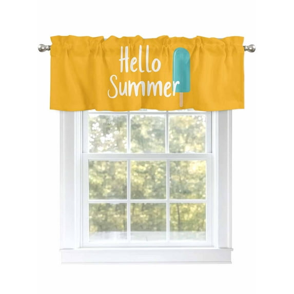 Kitchen Curtain Valances for Windows,Hello Summer Text Ice Cream on Orange Rod Pocket Small Valance Seasonal Holiday Theme Window Treatment for Bedroom Bathroom Living Room,54"x18"