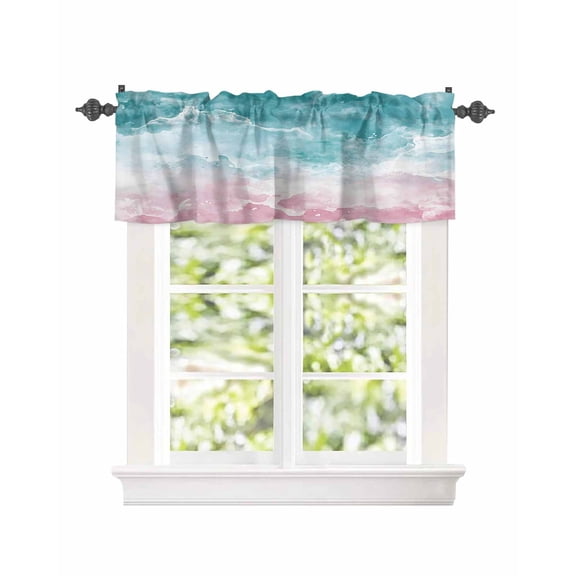 Kitchen Curtain Valances for Windows,Minimalist Teal Pink Gradient Art Rod Pocket Small Valance Abstract Ocean Wave Spray Short Window Treatment for Bedroom Bathroom Living Room,42"x12"