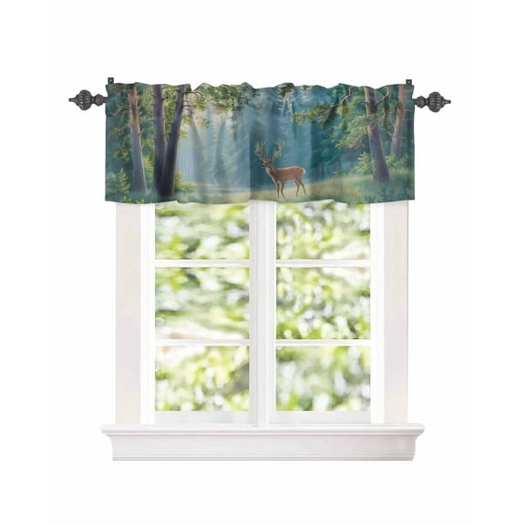 Kitchen Curtain Valances for Windows,Natural Forest Trees Wild Elk Rod Pocket Small Valance Nature Scenery Short Window Treatment for Bedroom Bathroom Living Room,42"x12"