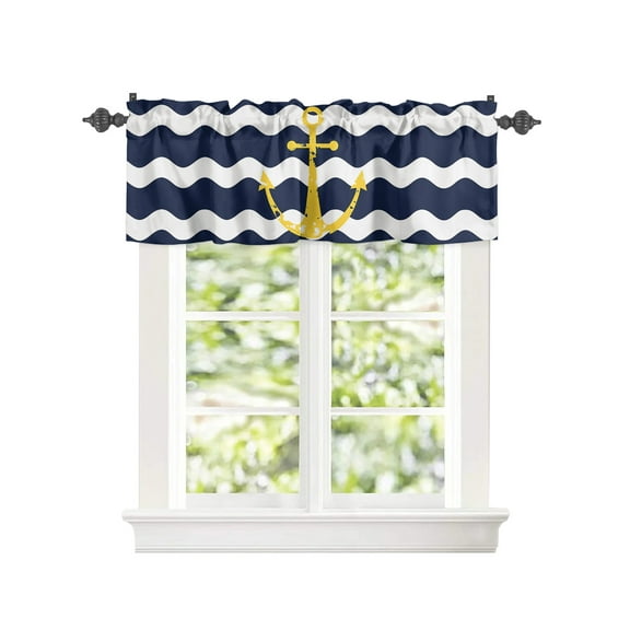 Kitchen Curtain Valances for Windows,Nautical Ocean Yellow Anchor Rod Pocket Small Valance Navy Blue White Wave Stripe Short Window Treatment for Bedroom Bathroom Living Room,42"x12"