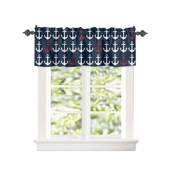 Kitchen Curtain Valances for Windows,Nautical Red and White Anchors Rod Pocket Small Valance Ocean Element on Dark Blue Short Window Treatment for Bedroom Bathroom Living Room,42"x12"