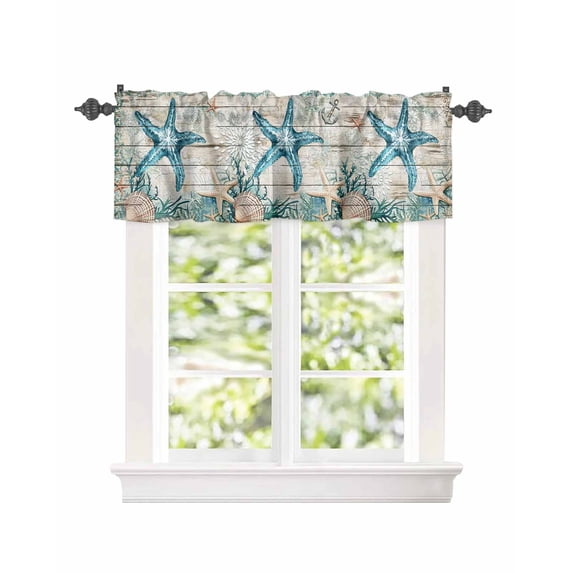 Kitchen Curtain Valances for Windows,Nautical Starfish Shell Coral Anchor Rod Pocket Small Valance Marine Retro Wood Plank Short Window Treatment for Bedroom Bathroom Living Room,54"x18"