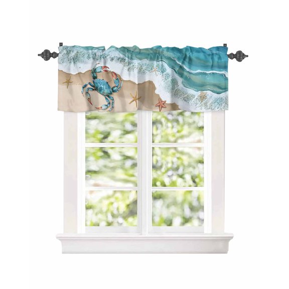 Kitchen Curtain Valances for Windows,Ocean Life Crab Starfish Beach Rod Pocket Small Valance Seaside Scene Sea Wave Spray Short Window Treatment for Bedroom Bathroom Living Room,42"x12"
