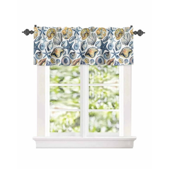 Kitchen Curtain Valances for Windows,Ocean Sea Shells Conch Rod Pocket Small Valance Watercolor Nautical Beach Short Window Treatment for Bedroom Bathroom Living Room,42"x12"