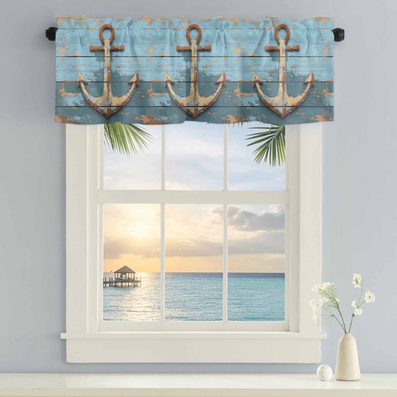 Kitchen Curtain Valances for Windows,Old Ship Anchor on Wood Grain Rod Pocket Small Valance Short Window Treatment for Bedroom Bathroom Living Room,60"x18"
