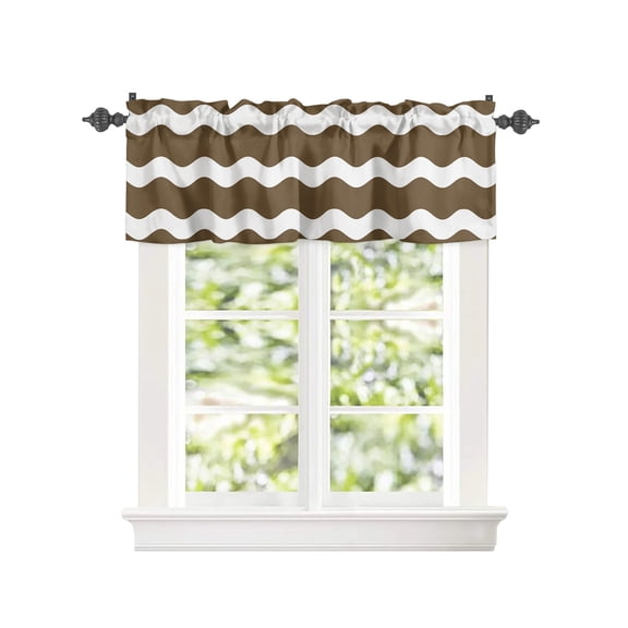 Kitchen Curtain Valances for Windows,Retro Brown White Wave Stripe Rod Pocket Small Valance Vintage Wavy Ripple Short Window Treatment for Bedroom Bathroom Living Room,42"x12"