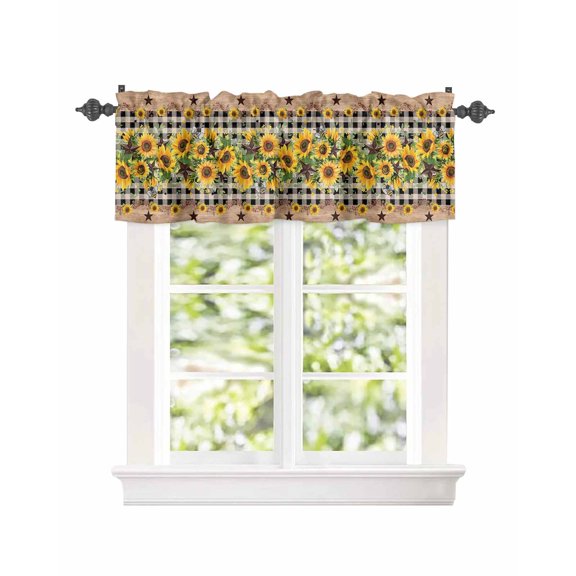 Kitchen Curtain Valances for Windows,Retro Farm Sunflower Western Star Rod Pocket Small Valance Rustic Buffalo Plaid Wood Short Window Treatment for Bedroom Bathroom Living Room,54"x18"
