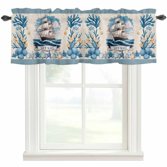 Kitchen Curtain Valances for Windows,Retro Set Sail Sailing Ships Rod Pocket Small Valance Short Window Treatment for Bedroom Bathroom Living Room,42"x12"