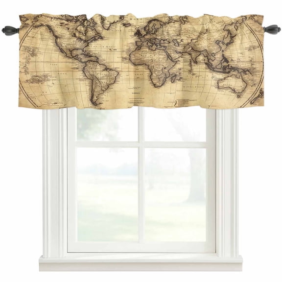 Kitchen Curtain Valances for Windows,Retro Yellow World Map North America Asia Rod Pocket Small Valance Short Window Treatment for Bedroom Bathroom Living Room,42"x12"