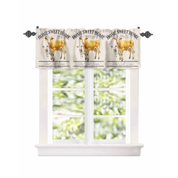 Kitchen Curtain Valances for Windows,Rustic Country Cow Sweet Home Quote Rod Pocket Small Valance Farmhouse Animal Art Short Window Treatment for Bedroom Bathroom Living Room,42"x12"