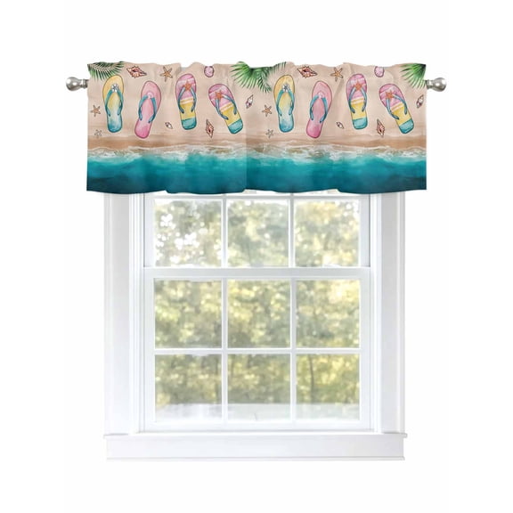 Kitchen Curtain Valances for Windows,Summer Beach Flip Flops Rod Pocket Small Valance Tropical Nautical Shell Starfish Window Treatment for Bedroom Bathroom Living Room,54"x18"