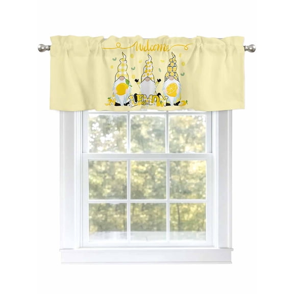 Kitchen Curtain Valances for Windows,Summer Farm Gnome and Lemon Fruit Rod Pocket Small Valance Yellow Background Window Treatment for Bedroom Bathroom Living Room,42"x12"