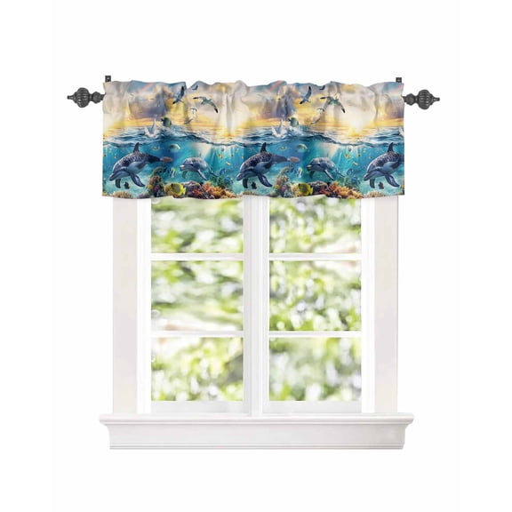 Kitchen Curtain Valances for Windows,Underwater World Dolphins Seagulls Rod Pocket Small Valance Tropical Ocean Marine Life Short Window Treatment for Bedroom Bathroom Living Room,54"x18"