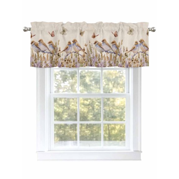 Kitchen Curtain Valances for Windows,Watercolor Garden Bird Butterfly Floral Rod Pocket Small Valance Farmhouse Flower on Linen Window Treatment for Bedroom Bathroom Living Room,42"x12"
