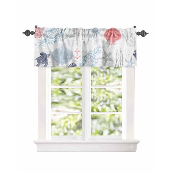 Kitchen Curtain Valances for Windows,Watercolor Marine Shell Turtle Coral Rod Pocket Small Valance Ocean Starfish Nautical Anchor Short Window Treatment for Bedroom Bathroom Living Room,42"x12"
