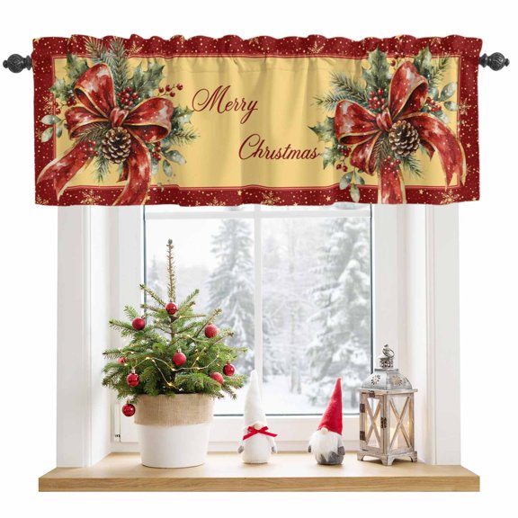 Kitchen Curtain Valances for Windows,Winter Christmas Red Bow Pinecone Rod Pocket Small Valance Short Window Treatment for Bedroom Bathroom Living Room,42"x12"