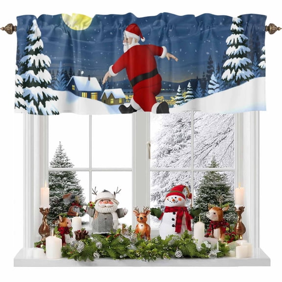 Kitchen Curtain Valances for Windows,Abstract Winter Santa Claus Moon Rod Pocket Small Valance Panel