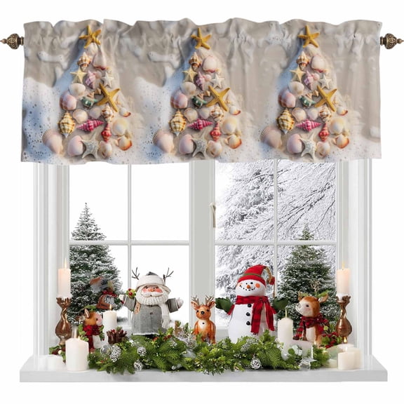 Kitchen Curtain Valances for Windows,Beach Christmas Tree Starfish Shell Rod Pocket Small Valance Panel