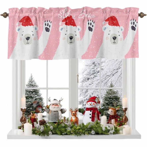Kitchen Curtain Valances for Windows,Cartoon Bear Christmas Snow on Pink Rod Pocket Small Valance Panel