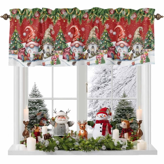 Kitchen Curtain Valances for Windows,Cartoon Gnome Snowflake on Red Rod Pocket Small Valance