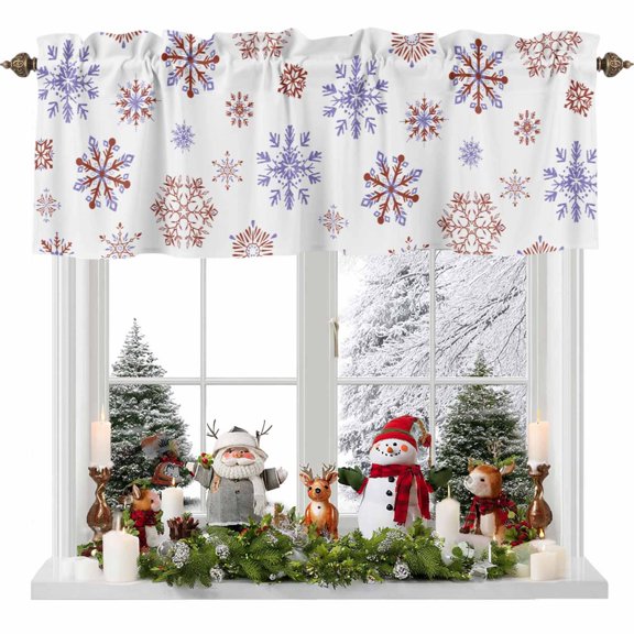 Kitchen Curtain Valances for Windows,Christmas Abstract Blue Maroon Snowflakes Rod Pocket Small Valance Panel