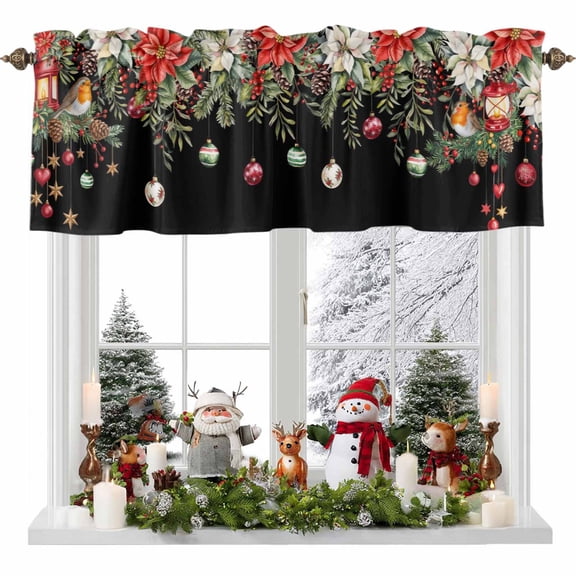 Kitchen Curtain Valances for Windows,Christmas Ball Bird Poinsettia Rod Pocket Small Valance