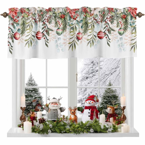 Kitchen Curtain Valances for Windows,Christmas Balls Eucalyptus Leaf Rod Pocket Small Valance Panel