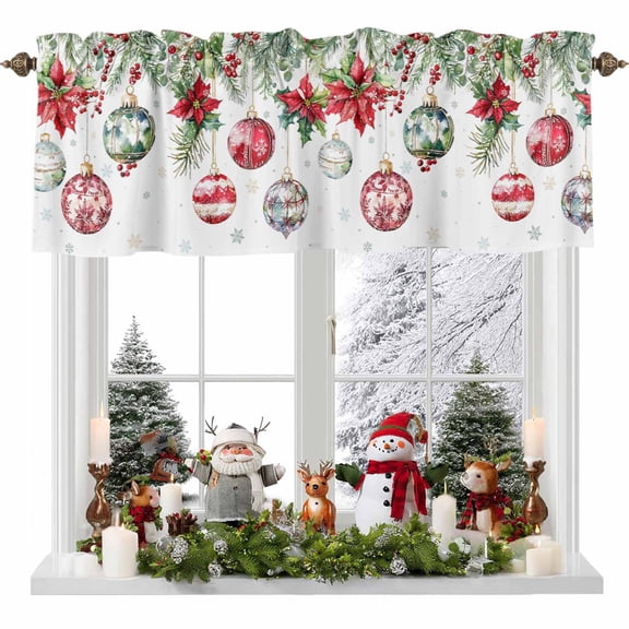 Kitchen Curtain Valances for Windows,Christmas Bells Red Poinsettia Flower Berry Rod Pocket Small Valance Panel