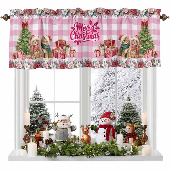Kitchen Curtain Valances for Windows,Christmas Bow Tree Rod Pocket Small Valance Panel