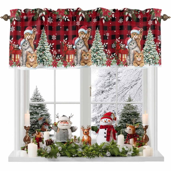 Kitchen Curtain Valances for Windows,Christmas Cartoon Cat Rod Pocket Small Valance