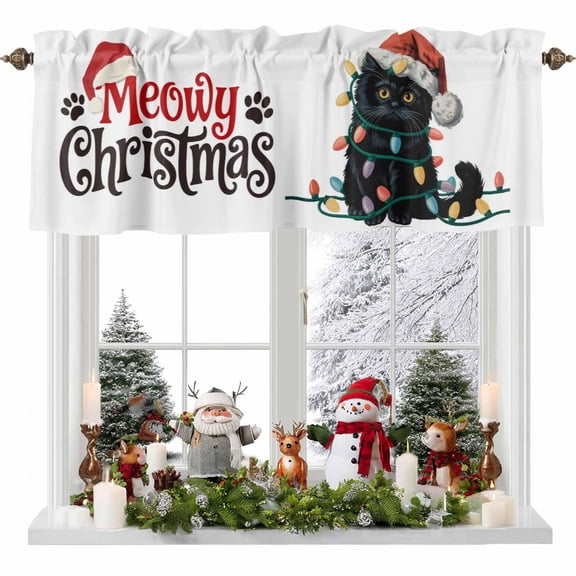 Kitchen Curtain Valances for Windows,Christmas Cartoon Cat with Hat Rod Pocket Small Valance
