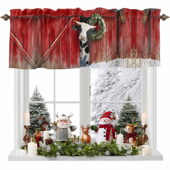 Kitchen Curtain Valances for Windows,Christmas Cow Red Barn Rod Pocket Small Valance Panel