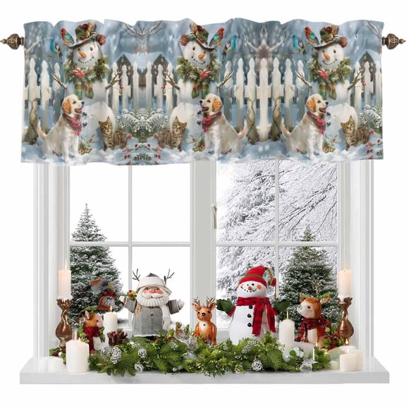 Kitchen Curtain Valances for Windows,Christmas Cute Snowman Dog Cat Bird Rod Pocket Small Valance Panel
